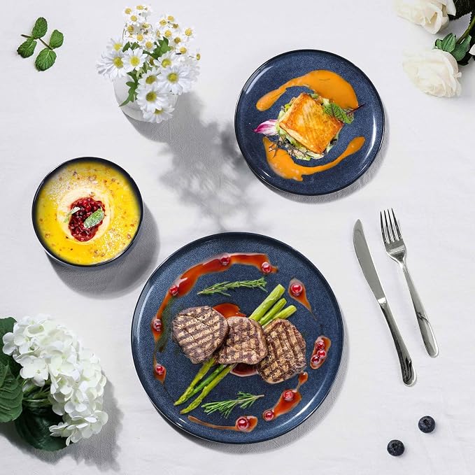 Herogo 12 Pieces Dinnerware Sets Stoneware Service for 4, Dinner Plates and Bowls Sets, Double Reactive Glaze Dishes Set for Kitchen, Scratch Resistant, Microwave & Dishwasher Safe, Starry Blue