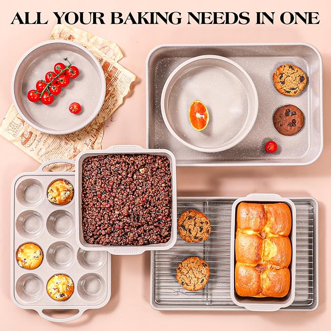 8 Pcs Baking Pans Set, Silicone Bakeware Sets with Metal Reinforced Frame, Nonstick Stackable Carbon Steel Non Toxic Baking Sets for Cooking (Brown)