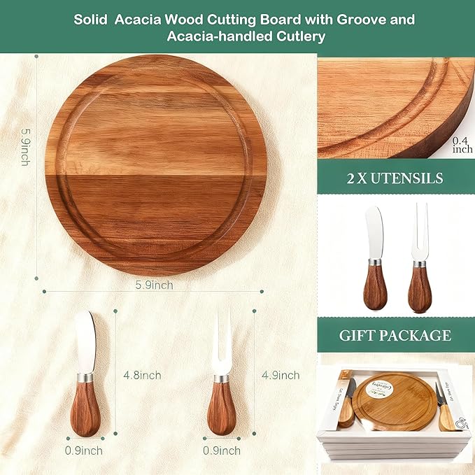 8-Pack Small Personal Charcuterie Cheese Board Set & Serving Tray- 6 Inch Mini Appetizer Plate with Knives & Forks, Acacia Wood Gift Package Ideal for Large Gatherings & Party Guest Favors