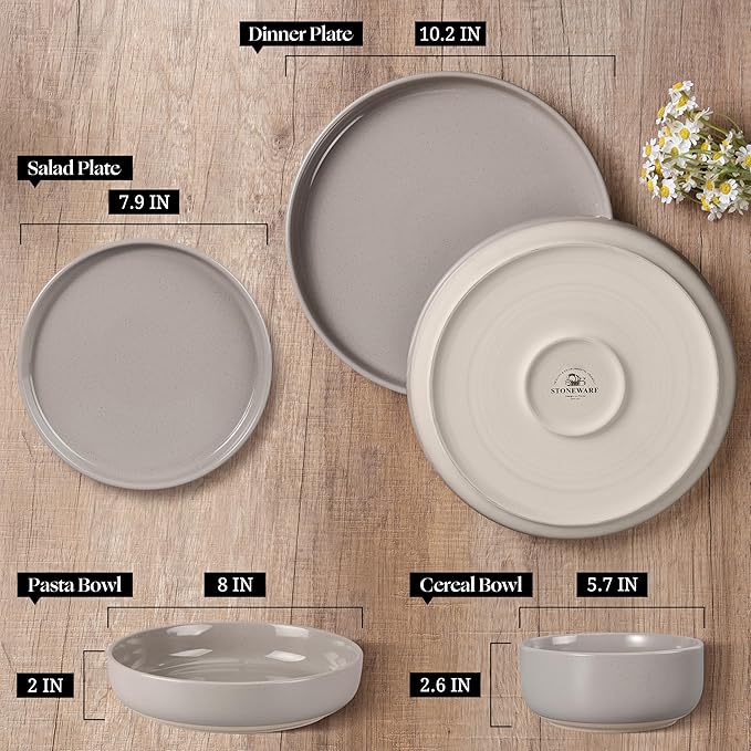 HaWare 24-Piece Plates and Bowls Set for 6, Stoneware Dinnerware Sets with Pasta Bowl, Dishes Set for Home Restaurant, Speckled Cream Coffee
