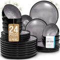 24 Piece Stoneware Dinnerware Set for 8 - Handmade Reactive Glaze Plates and Bowls Set - Lead & Cadmium Free - Chip & Scratch Resistant - Dishwasher Microwave Safe - Dark Gray