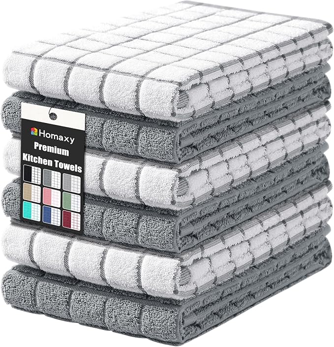 Homaxy Premium Cotton Kitchen Towels 16"x 28", Large Natural Ring Spun 390 GSM Dish Towels, Super Absorbent Terry Kitchen Hand Towels, Soft Tea Towels with Hanging Loop, Grey Check Design, 6 Pack