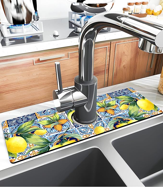 Kitchen Sink Splash Guard Faucet Mat Super Absorbent Fast Drying Mat Sink Gadgets Splash Guard Behind Faucet Drip Catcher for Kitchen (Lemon, 15x5.5in)