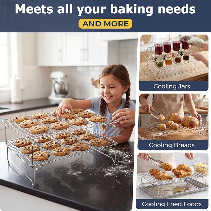 E-far Cooling Rack for Cooking and Baking-4-Tier, 15”x10” Collapsible & Stackable Tight-Wire Stainless Steel Cookie Rack for Baking Sheet, Oven, Roasting, Dishwasher Safe & Space Saving