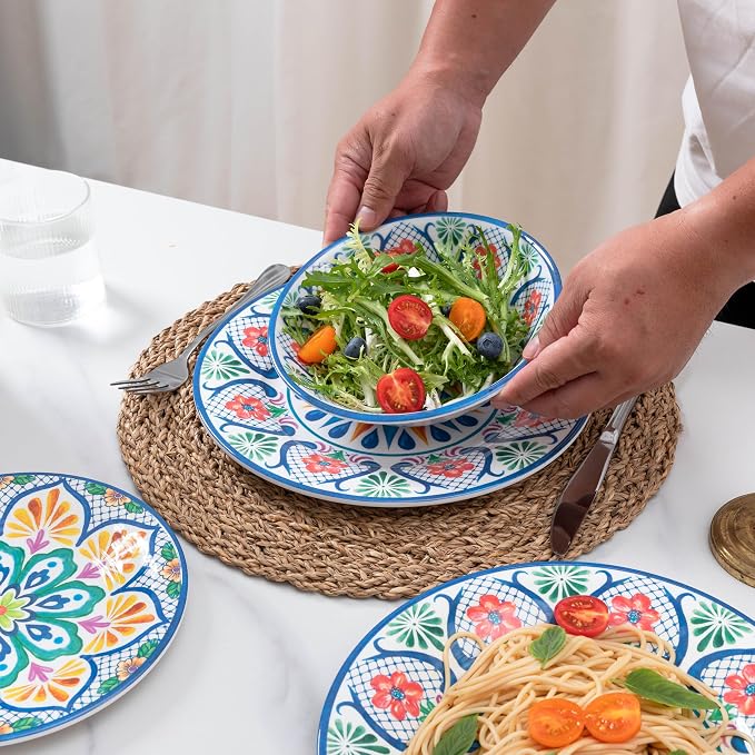 18 Pieces Melamine Dinnerware Sets, Service for 6, Paisley Kitchen Plates and Bowls Set, Unbreakable & Lightweight Dinnerware Set, Camping Dishs Indoor Outdoor Use, Spanish Floral Pattern