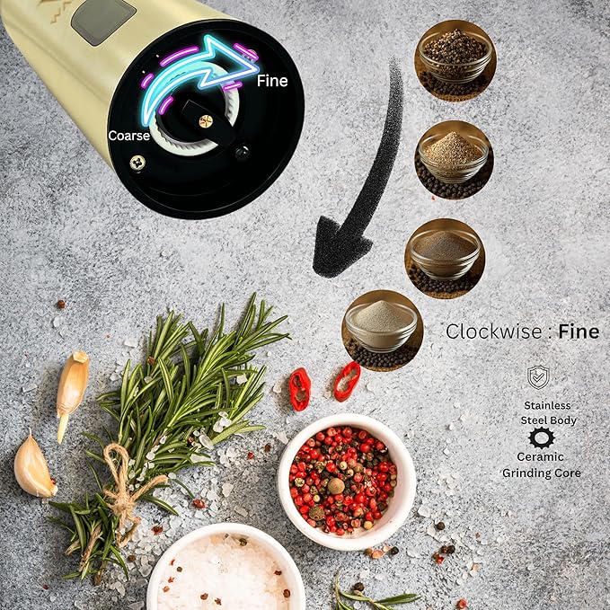 WANIA Electric Salt and Pepper Grinder Set - USB Rechargeable Base, Adjustable Coarseness, LED Light, Automatic One-Hand Operation, Stainless Steel Refillable Mills for Kitchen, BBQ & Gift