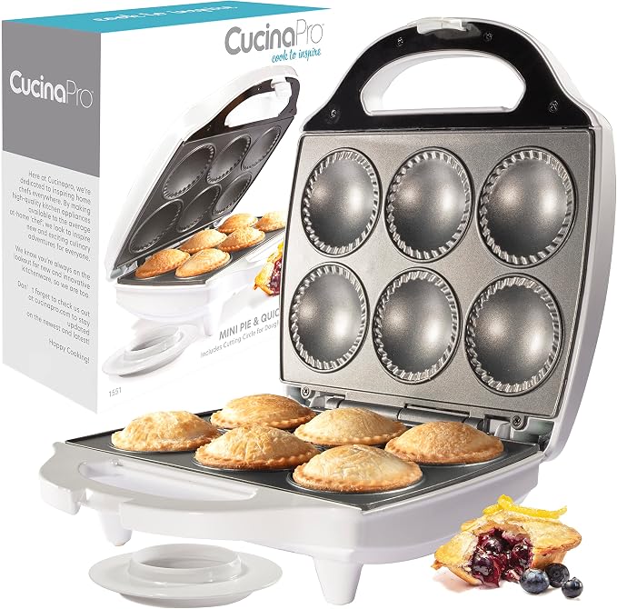 Mini Pie & Quiche Maker, Electric Baker Cooks 6 Small Quiches or Pies | Includes Dough Cutting Circle for Easy Measurement- Better than Tin Pan- Baking Dessert Gift for Her, Summer Brunch Must Have