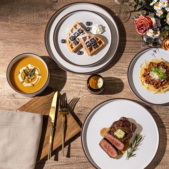 LERATIO Ceramic Dinnerware Sets for 6, High Edge Stoneware Plates and Bowls Set, Chip and Crack Resistant | Oven & Dishwasher & Microwave Safe Dishes Set, Service for 6 -Vanilla White