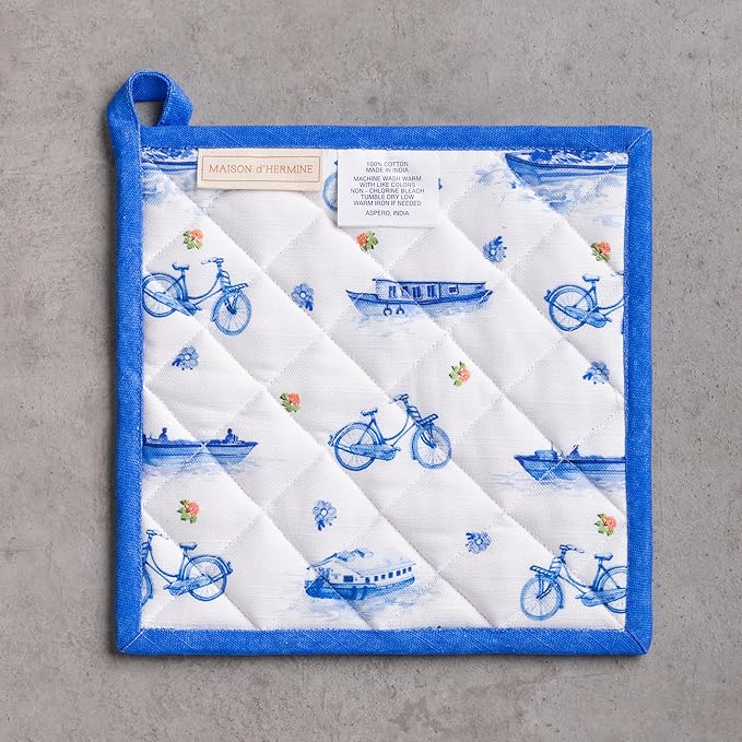 Maison d' Hermine Pot Holders 100% Cotton Heat Resistant Potholders 8" x 8" Hot Pads with Loop Cooking Baking Gifts for Mothers Day Handling Hot Pans Spring/Summer (Pack of 1, Amsterdam Canals)