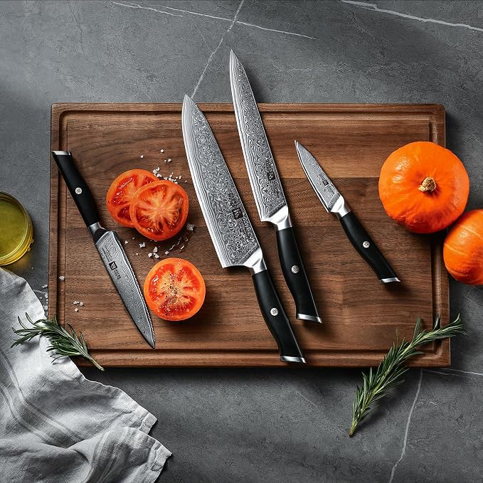 Klaus Meyer Empira 5 Piece Damascus Kitchen Knife Set With Magnetic Block | VG-10 Damascus Steel, Full Tang, Ultra Sharpness, Ergonomic ABS Handle, Strong Magnetic Block, Ideal Gift For Passionate Chef