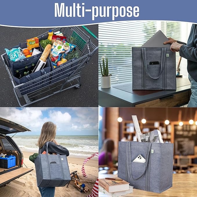 VENO 4 Pack Reusable Grocery Bags, Heavy-Duty Shopping Bags with Handles, Bags for Shopping Cart with Hard Bottom to Stand Upright, Foldable, Multi-Purpose(Gray, 4 Pack)