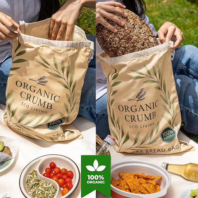 Reusable Bread Bags for Homemade Bread (5 in 1) – 2 XL Cotton Beeswax Bags, Reusable Beeswax Wrap, Bowl Cover & Dough Scraper – Eco-Friendly Storage for Sourdough Bread Bags.