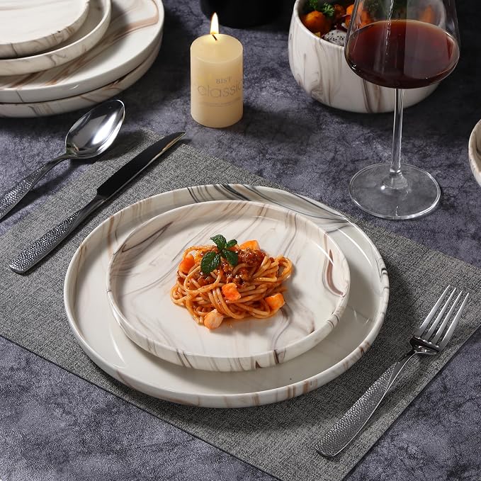 Lorren Home Trends Shiny Marble Pattern Dinnerware Set, 12 Piece Service for 4, Microwave and Dishwasher Safe