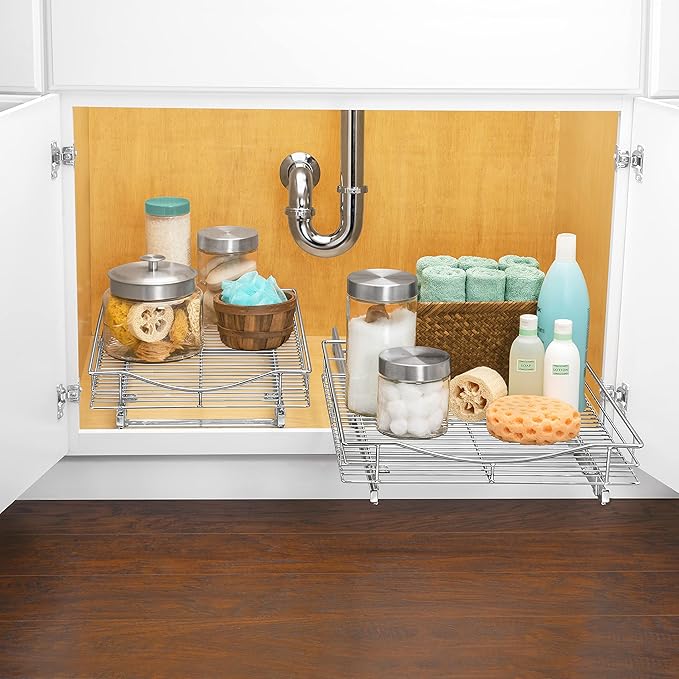 LYNK PROFESSIONAL® Pull Out Cabinet Organizer, 17" x 18" Slide Out Cabinet Organizer Pull Out Drawer – Pull Out Shelves for Kitchen Cabinets – Under Sink Organizers - Lifetime Ltd. Warranty, Chrome