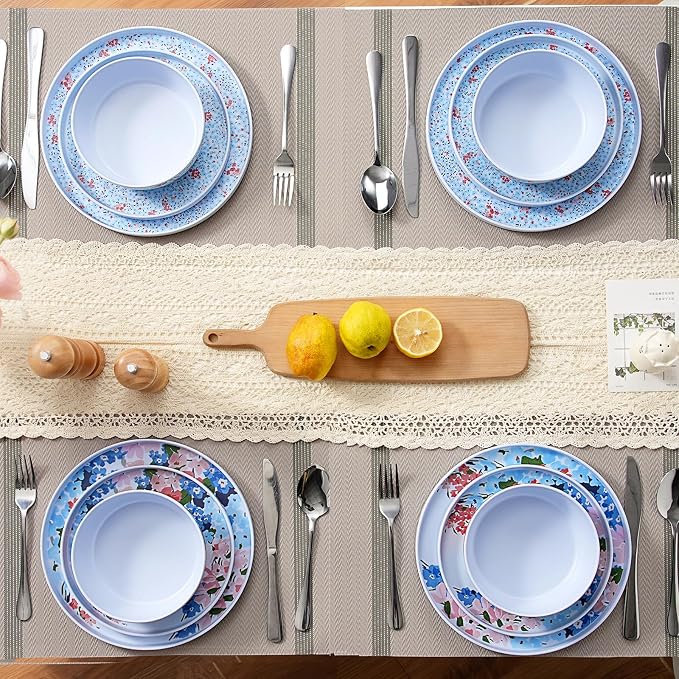 12 Pcs Melamine Dinnerware Set for 4, Floral Plates and Bowls Set | Dishwasher Safe&Lightweight Unbreakable Dish Set For Indoor Outdoor RV Camping Picnic,Service for 4