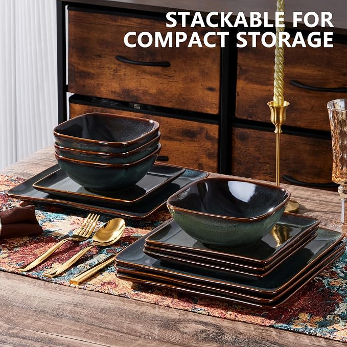 E-far Square plates and bowls Sets for 6, 18-Piece Reactive Glaze Stoneware Dinnerware Sets, Ceramic Dishes for Kitchen Dining, Microwave & Dishwasher Safe, Obsidian Green