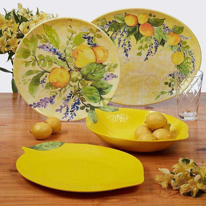 Lemon Zest 12-Piece Melamine Dinnerware Set, Service for 4 – Unbreakable Outdoor Plates & Bowls for Patio Dining, Summer BBQs, Poolside Meals, Picnics, Everyday Family Use & Entertaining