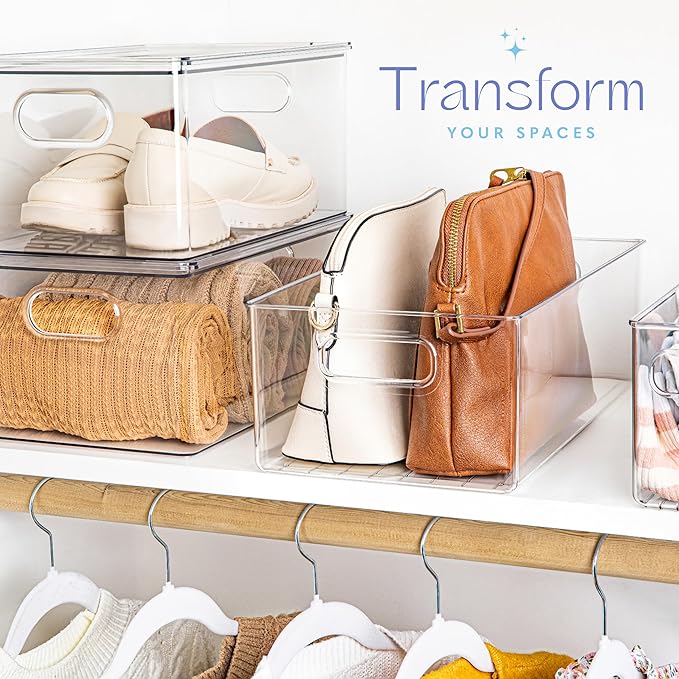 Plastic Food Storage 6 Pack Clear Container Bin with Handles for Organizing Kitchen, Pantry, Refrigerator, Freezer, Pantry, Cabinet, Closet, Bathroom. 14”x8”x5”