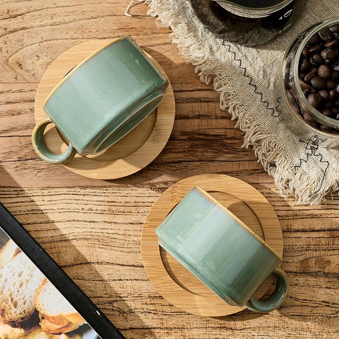 LUKA 6 Ounce Porcelain Stackable Espresso Cups with Saucers and Metal Stand Set of 4, Ceramic Cappuccino Cups Set for Specialty Coffee Drinks, Latte, Cafe Mocha and Tea, Wild Sage Earth