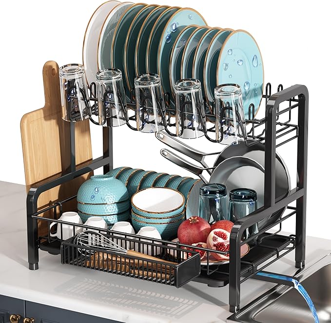 2 Tier Black Dish Drainer Drying Rack for Kitchen Counter, Large Stainless Steel Dishes Dryer with Drainboard, Space Saving, Big Rustproof Metal Modern Countertop Plates Strainer with Utensil Holder