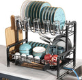 2 Tier Black Dish Drainer Drying Rack for Kitchen Counter, Large Stainless Steel Dishes Dryer with Drainboard, Space Saving, Big Rustproof Metal Modern Countertop Plates Strainer with Utensil Holder