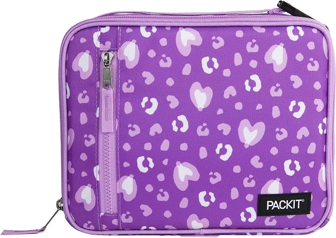 PackIt Freezable Classic Lunch Box, Leopard Hearts Purple, Built with EcoFreeze Technology, Collapsible, Reusable, Zip Closure With Front Pocket and Buckle Handle, Designed for Fresh Lunch On the Go