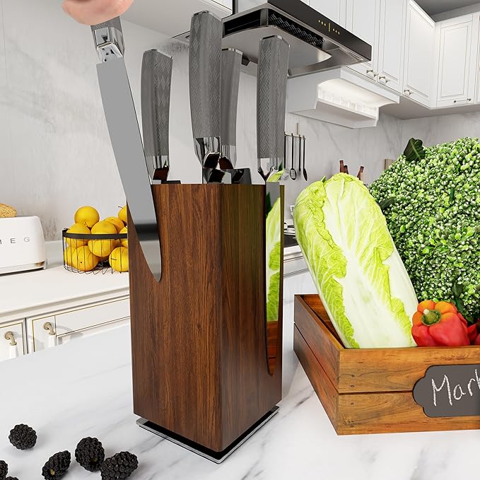Brosisincorp 360° Rotating Magnetic Knife Block without Knives - Universal Holder for Counter Top with Removable Bristles, Acacia Wood