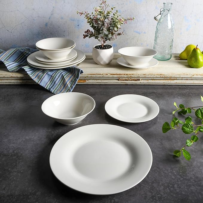 Gibson Home Zen Buffet Round 12 Piece Porcelain Chip and Scratch Resistant Dinnerware Plates and Bowls Set, Scratch & Chip Resistant