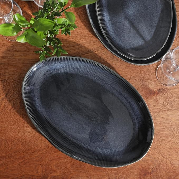 Gibson Elite Sandy Pines 3 Piece Oval Platter Set, 15.7”, 13.75” & 12” Stoneware Serving Platters, Reactive Glaze Finish, Blue, Microwave & Dishwasher Safe