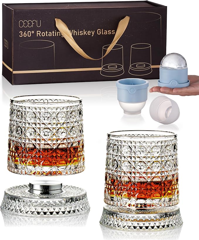 CEEFU Old Fashioned Whiskey Glasses with 360° Rotating Base, Set of 2 (2 Crystal Glasses Set, 2 Big Ice Ball Molds) In Gift Box - Bourbon, Cocktail, Rocks, Bday Gifts Ideas for Men, Gem Pattern