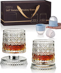 CEEFU Old Fashioned Whiskey Glasses with 360° Rotating Base, Set of 2 (2 Crystal Glasses Set, 2 Big Ice Ball Molds) In Gift Box - Bourbon, Cocktail, Rocks, Bday Gifts Ideas for Men, Gem Pattern