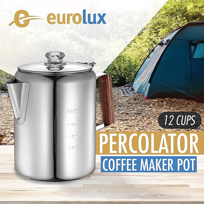 Eurolux Percolator Coffee Maker Pot - 12 Cups | Durable Stainless Steel Material | Brew Coffee On Fire, Grill or Stovetop | No Electricity, No Bad Plastic Taste | Ideal for Home, Camping & Travel