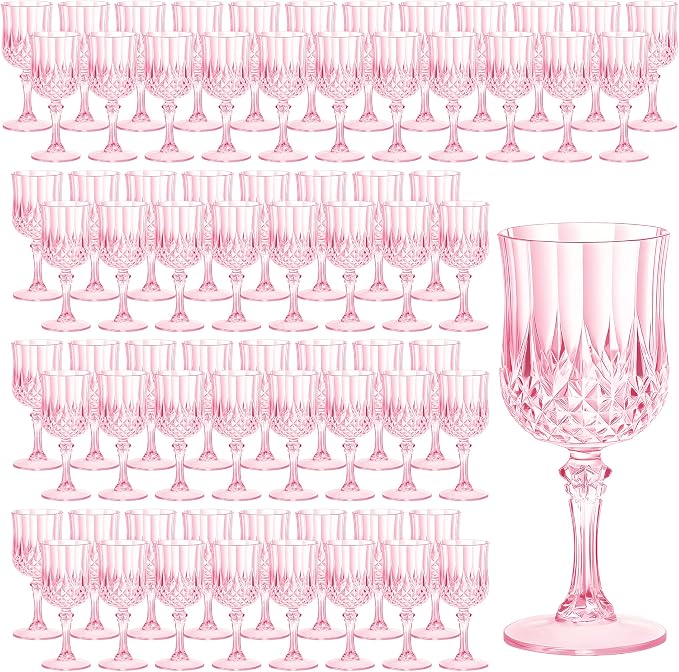 7OZ Plastic Wine Glasses, Reusable Vintage Goblets Unbreakable Drinking Glasses Crystal Water Cups Champagne for Wedding, Parties (100, Pink)