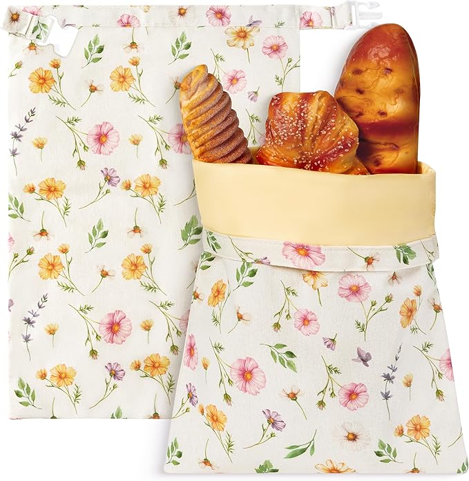 Reusable Beeswax Bread Bags - 2 Pack Bees Wax Food Bag, Homemade Sourdough Bread Storage, 2-in-1 Linen Cotton Large Freezer Container Home Baking Accessories with Lining (Watercolor Flowers)