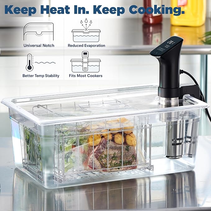 CURTA 26 Qt Extra Large Sous Vide Container with Notched Lid, 1/1 Full Size 8" Deep Polycarbonate Water Bath Tub, Fits Anova and Most Cookers (Immersion Circulator NOT Included)