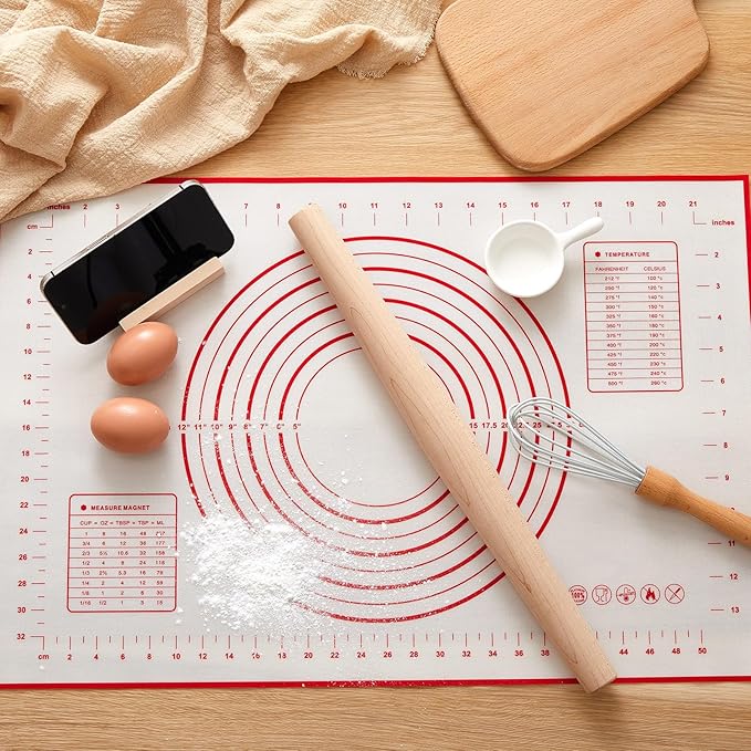 FoldTier Maple French Rolling Pin, Wood Rolling Pins for Baking with Silicone Baking Mat and Wood Base, Christmas Fondant Roller for Pie Crust Cookies Pastry Pizza Dough and Bread