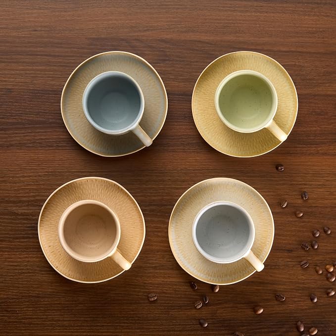 KooK Espresso Mug and Saucer Set, Ceramic Cups and Plates with Rustic Organic Shape and Feathered Texture, Dishwasher and Microwave Safe, Set of 4, Neutral Multicolor (5.5 Oz)