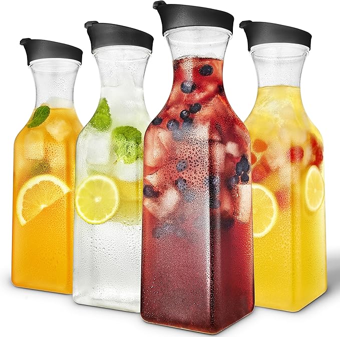 50oz Plastic Juice Carafe with Black Lids (4 Pack) 50 oz Carafes for Mimosa Bar, Drink Pitcher with Lid, Milk Container, Clear Beverage Containers for Fridge, Pantry Storage, Square Pitchers