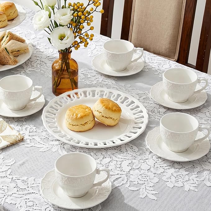 3 oz Espresso Cups Set of 6, Bone China Small Espresso Coffee Cups & Saucers Set, Handcraft Floral Embossing Ceramic Demitasse Mugs Mini Barista Cups for Latte Mocha Farmhouse Housewarming Gift, White