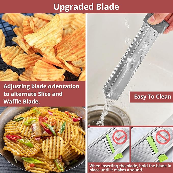 24-In-1 Mandoline Slicer for Kitchen with Waffle Fry Cutter Blade,Adjustable Kitchen Mandoline Slicer,Food Chopper,Safe Mandoline Food Slicer,Mandolin with Waffle Fry Cutter-Grey