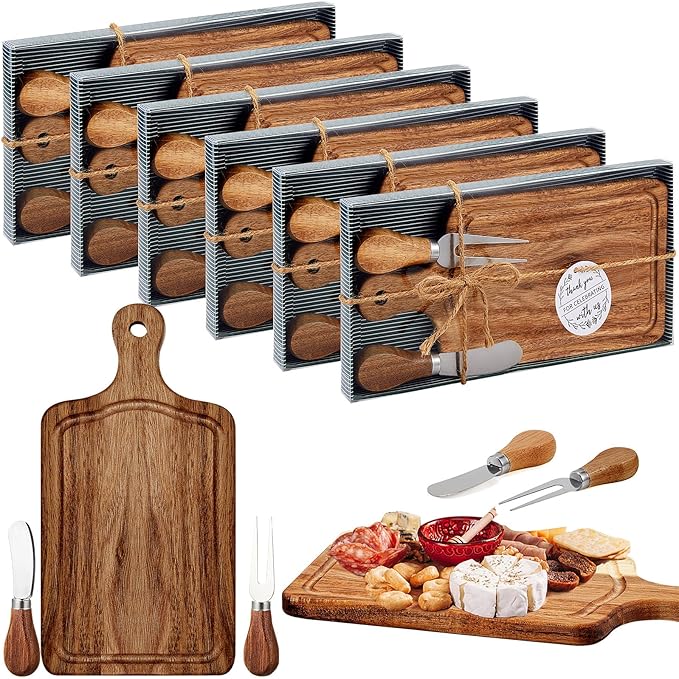 Ziliny 6 Set Bridal Baby Shower Cheese Prizes Wooden Square Board Gift Set Knives Forks Thank You Tags with Box for Guests for Valentines Bridal Baby Shower Housewarming Gifts (Acacia Color)
