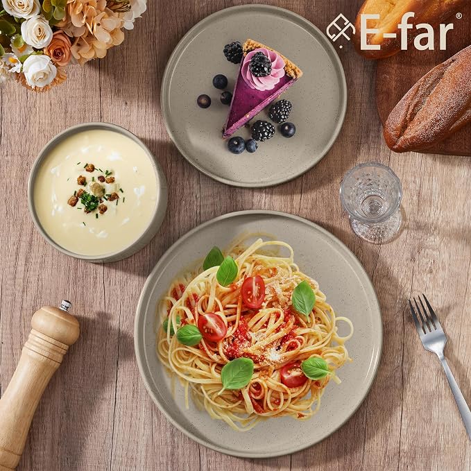 E-far Dinnerware Sets for 8, 24-Piece Stoneware Plates and Bowls Dish Set, Modern Kitchen Dinning Dishware, Chip and Scratch Resistant, Microwave & Dishwasher Safe, Speckled Khaki