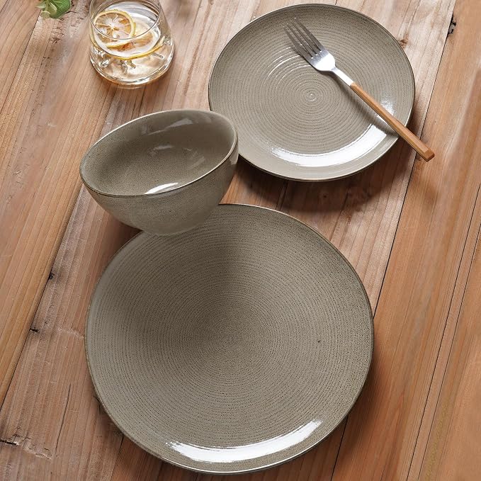 famiware Plates and Bowls Sets for 4, 12 Pieces Stoneware Dinnerware Sets, Dishes Set, Reactive Glaze Dishware Sets, Dishwasher & Microwave Safe, Tempus Series - Dark Olive