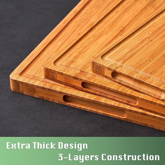 Allsum Large Wood Cutting Board for Kitchen, 1” Thick Bamboo Cheese Charcuterie Board, Butcher Chopping Block, with Juice Grooves and Handles