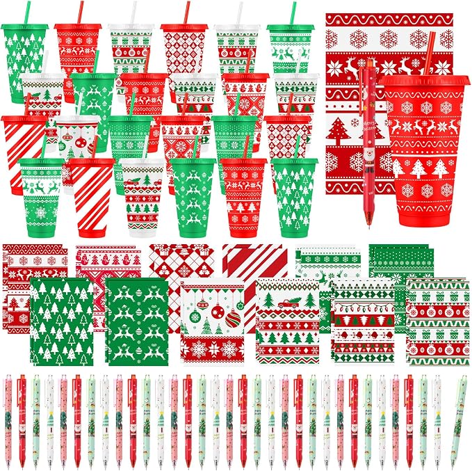 Feifeiya 72 Pcs/ 24 Set Christmas Bulk Gifts for Coworkers 24 oz Christmas Tumbler with Lids and Straws Xmas Pens Notepads Set Reusable Plastic Cups Gift for Xmas Holiday Party Supplies Employee