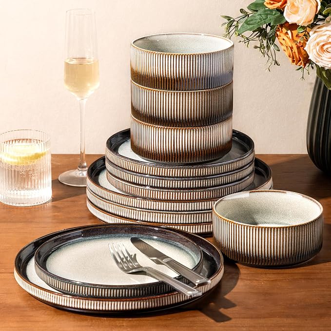 GBHOME 12-Piece Stoneware Dinnerware Set for 4 – Ribbed Ceramic Plates and Bowls, Scratch-Resistant, Microwave & Dishwasher Safe, Reactive Glaze, Sage Dersert Gradient