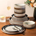 GBHOME 12-Piece Stoneware Dinnerware Set for 4 – Ribbed Ceramic Plates and Bowls, Scratch-Resistant, Microwave & Dishwasher Safe, Reactive Glaze, Sage Dersert Gradient