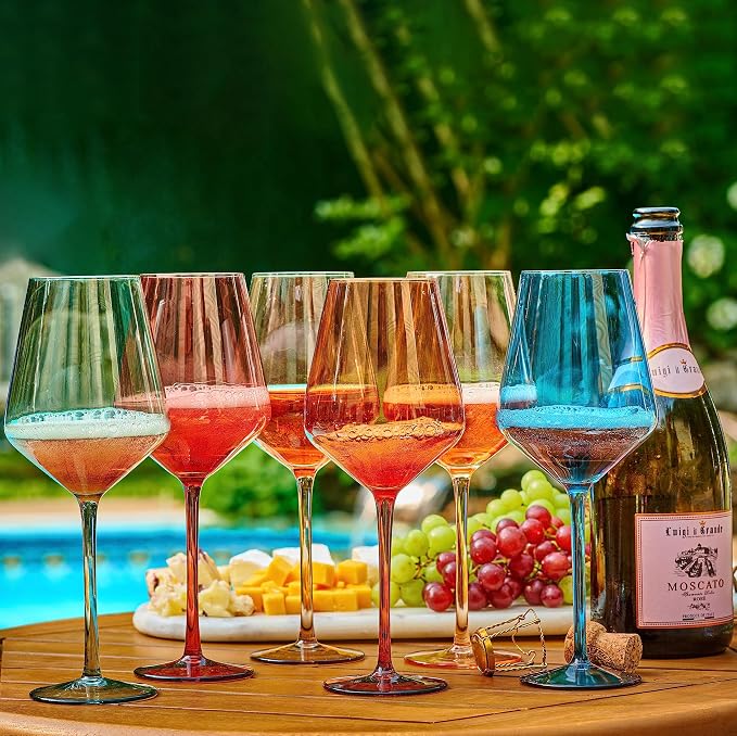 Colored Cordial Glasses Set of 6, 18oz Crystal Unique Fall Drinking Wine Glass Cups with Stem - Luxury Multi Color Glassware Gift Set for Wife & Mom - Colorful Hand Blown Drinkware for Red White Wine.