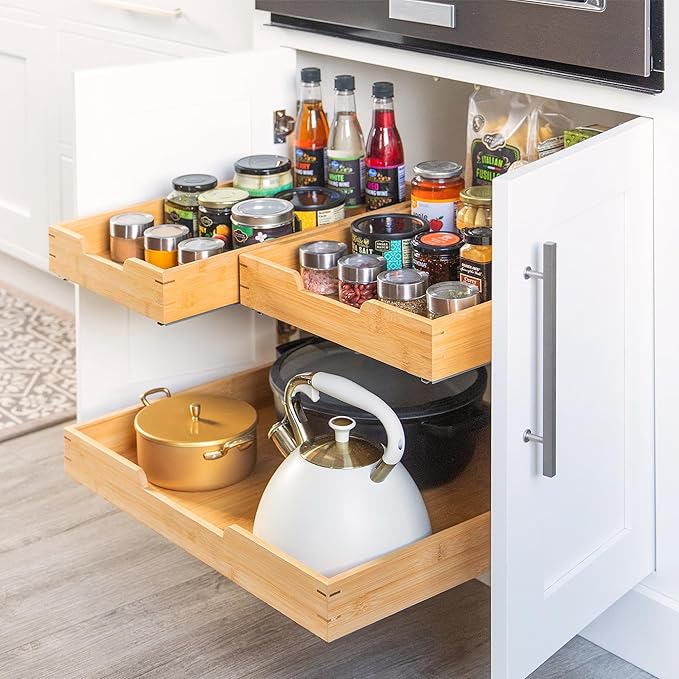 HOLDN’ STORAGE Bamboo Wooden Pull out Cabinet Organizer 22"W x 21"D Requires At Least a 23.25"W x 21"D Cabinet Opening W/Lifetime Limited Warranty, Bamboo Tray and Heavy Gauge Metal Rails