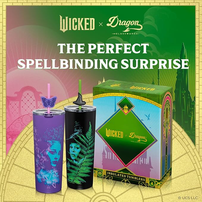 Dragon Glassware x Wicked: For Good 2-Pack 24 oz Vacuum Insulated Tumbler with Lid and Straw - Set of 2 Tumblers with 4 Straws and Toppers - Official Wicked Merch - For Good